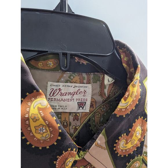 Vintage Wrangler Mens Shirt Large Snaps Western Paisley Single Needle Long Tails - Picture 3 of 8